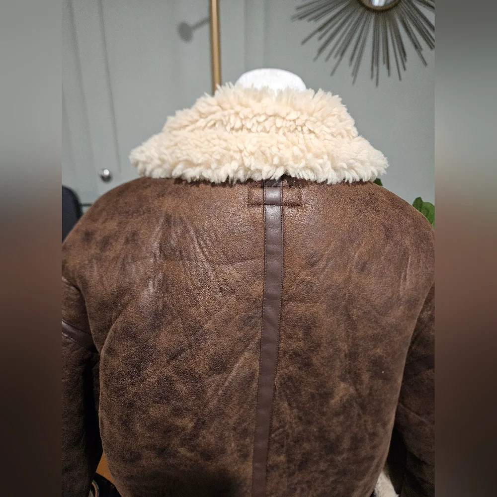 PACSUN Faux Leather Sherpa Moto Jacket. Brown/cream. Size Small - Picture 12 of 16